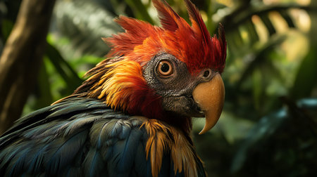 Colorful parrot with a red beak and green and blue feathers. The bird is looking at the cameraの素材