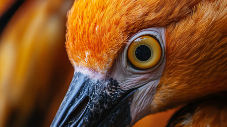 Close up of a bird's eye with a yellow iris. The eye is large and prominent, drawing attention to the bird's face. The bird's feathers are orange, giving it a warm and vibrant appearanceの素材