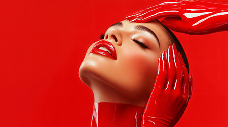 Woman with red gloves on her head and red lips. The woman is smiling and looking at the cameraの素材