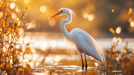 White bird is standing in the water. The bird is a heron. The water is calm and the sun is shining on the birdの素材