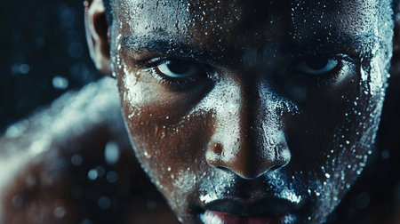 Man with sweat dripping from his face. The man is looking at the camera with a serious expressionの素材
