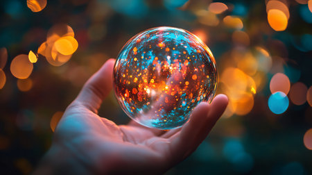 Hand holding a glass sphere with a blue and orange glow. The sphere is surrounded by a blurry background with a mix of colors. Concept of wonder and curiosity, as the viewer is drawn to the uniqueの素材