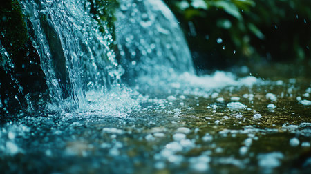 Stream of water is flowing down a hill. The water is clear and calm, and the surrounding area is lush and green. Concept of tranquility and natural beautyの素材