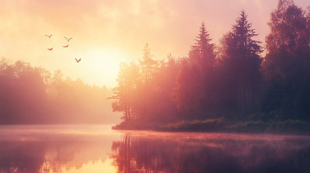 Beautiful sunset over a lake with a few birds flying in the sky. The birds are flying in different directions, and the sky is filled with a warm orange hue. The scene is peaceful and sereneの素材