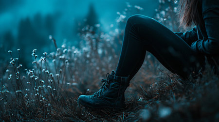 Woman is sitting in a field of flowers with her legs crossed. The image has a serene and peaceful mood, as the woman is surrounded by nature and he is enjoying the momentの素材
