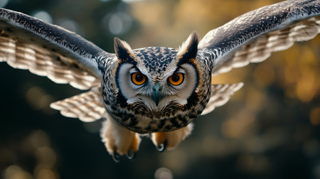 Large owl is flying through the air with its wings spread wide. The owl has a yellow eye and is surrounded by a dark background. Concept of freedom and grace as the owl soars through the skyの素材