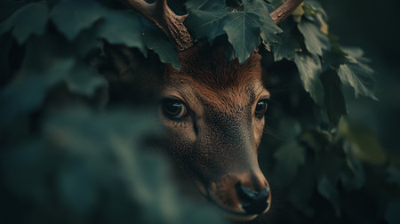 Deer is peeking out from behind some leaves. The image has a moody and mysterious feel to it, as the deer is partially hidden and only a small portion of its face is visibleの素材