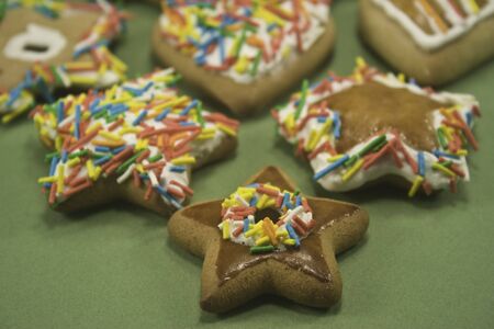 Decorated gingerbread cookies on green paper focus on front row