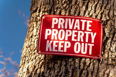 Red Keep Out sign nailed to tree trunk, a sliver of blue sky on left of frameの写真素材