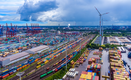 Panorama aerial view harbor Hamburg containerの写真素材