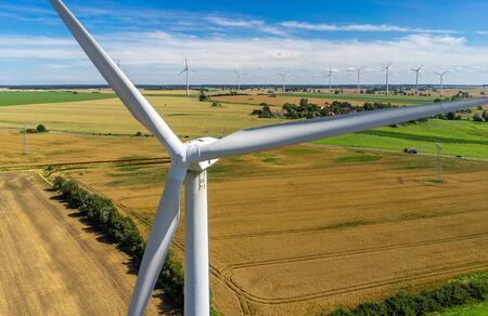 Wind turbine aerial photograph and close-up view