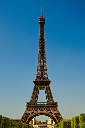 Eiffel Tower in portrait orientation with blue skyの写真素材
