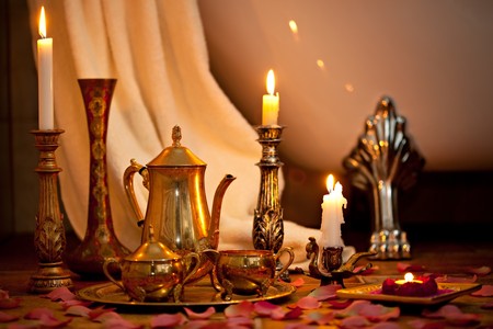 Still life with candles in the retro bathroomの写真素材