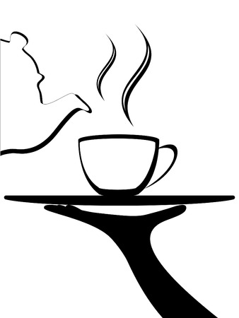 vector, abstract Tea or other beverage being poured from a classic pot into a cup on a tray のイラスト素材
