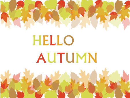 Hello autumn fall writing surrounded by multi-colored seasonal leaves.のイラスト素材