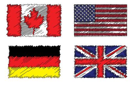 Stylized flags of Canada, Germany, Britain and America on plain white background.のイラスト素材