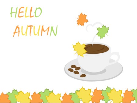 Hello Autumn coffee cup and leaf background for autumn backgroundのイラスト素材