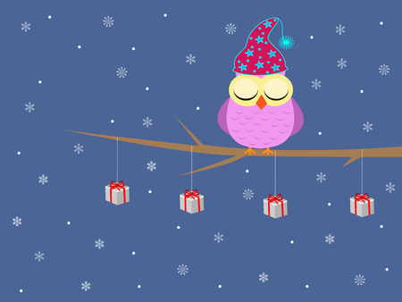 Cute merry christmas owl sleeping in a treeのイラスト素材