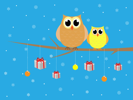 Cute merry christmas owls in tree with presentsのイラスト素材