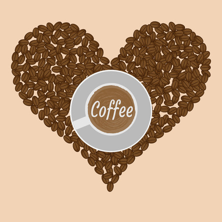 Coffe mug and beans and heart on light backgroundのイラスト素材