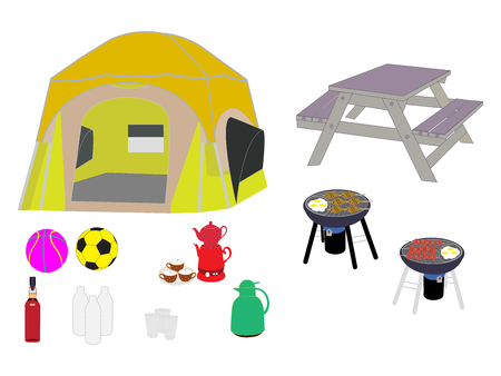 Vector drawing of camping, picninc, and hiking itemsのイラスト素材