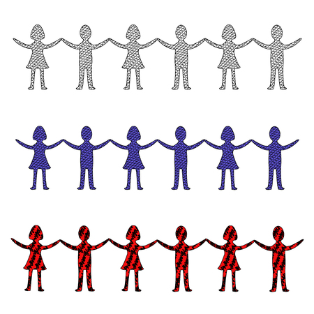 Illustration in red, blue and gray of a row of people holding handsのイラスト素材