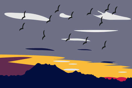 View of sunset and a flock of birds in the sky.のイラスト素材