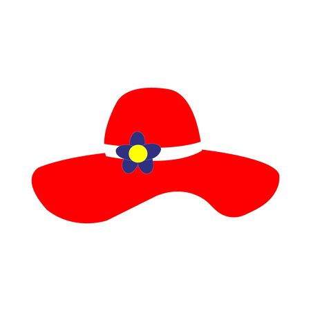 An elegant red womens hat with a band of white and a blue and yellow flowerのイラスト素材
