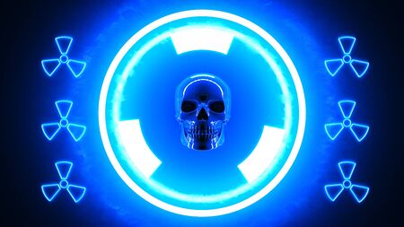 Cyber Skull on the blue background with radioctive signs neon lights dark blue light blue modern...