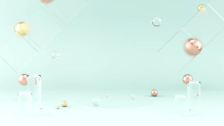 3D illustration Blue Background glass gold and copper objects in the scene pedestal in the center...