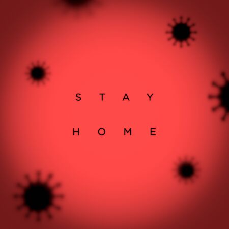 3D Illustration Letters Stay Home Red Background COVID-19 Coronavirus Disease Illness Virus Bug Pandemic Global Problem Motivation phrase Black blured molecules backwards center Danger Quote Hashtagの写真素材