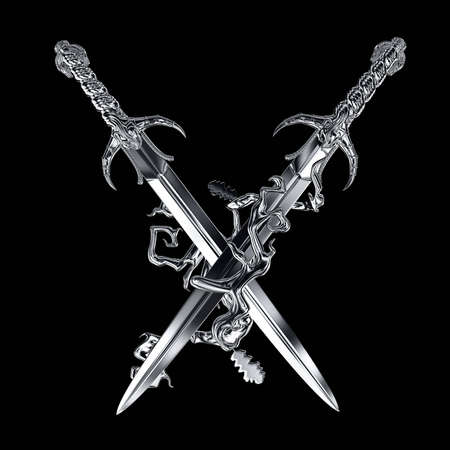 two swords cross with oak leaf and leavesの写真素材