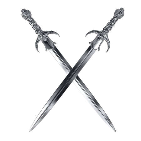 two metal swords cross on whiteの写真素材