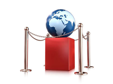 earth globe on red pedestal enclosure