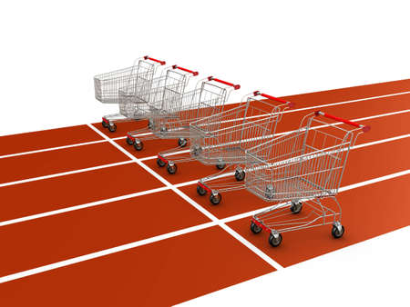 five shopping carts on starting lineの写真素材