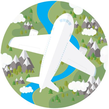 The plane in the sky over land with trees, mountains and riverのイラスト素材