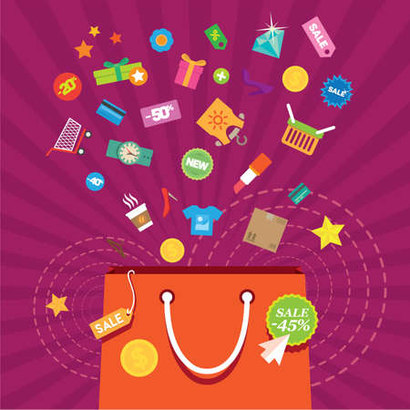 Shopping bag with accessories, discounts for buying clothes. Gifts in the sale. illustration and background.のイラスト素材