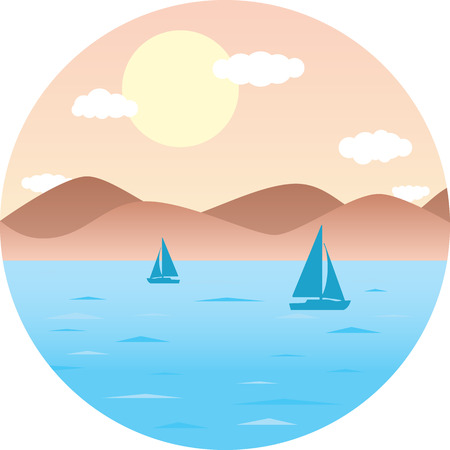 sailboats floating in the sea. Mountain Beach, sun.のイラスト素材