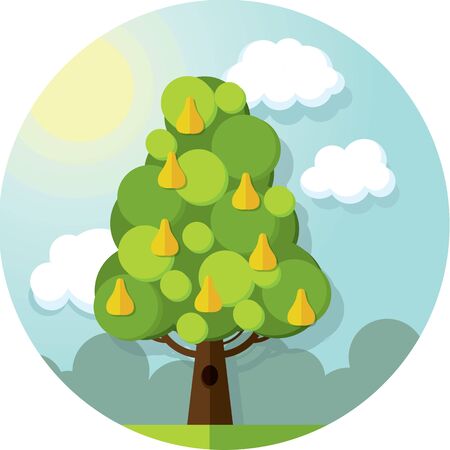 Round vector pattern pear tree in the clouds and sun on blue skyのイラスト素材