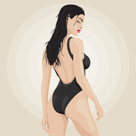 fashion illustration of a sexy beautiful brunette girl in black One Piece Swimsuits on a light background. vectorのイラスト素材