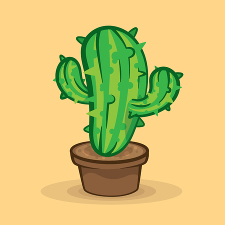 Green cactus in pot on beige background vector illustration. House plant green prickly cactus in decorative brown pot on light background vector imageのイラスト素材