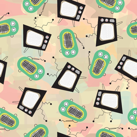 Retro television and vintage radio on abstract background vector pattern. Vintage TV and old radio receiver on light background vector patternのイラスト素材