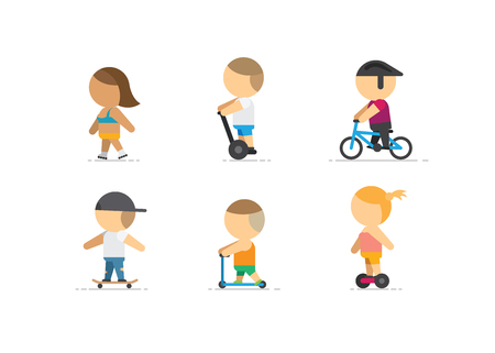 People walking on road, at modern bike, scooter,skateboard, segways and on gyroscope vector designのイラスト素材