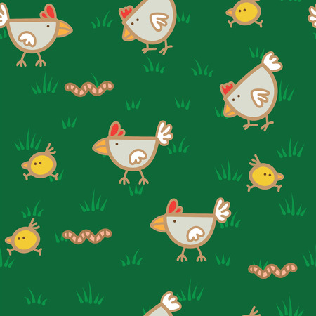 Pattern of hens walking on green grass and pecking worms background.のイラスト素材