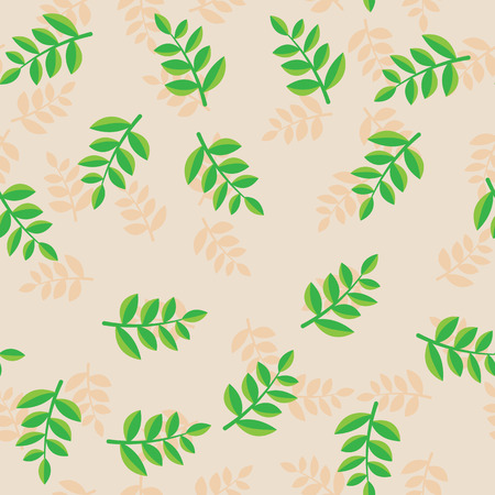 Pattern plant branches with green leaves on beige background. Beige and green plant branches with foliage seamless pattern backgroundのイラスト素材