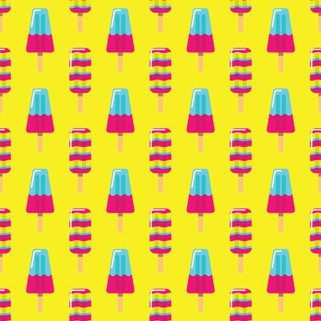 Colorful ice cream on yellow background. Seamless pattern summer milk and fruit ice cream eskimo on stick.のイラスト素材