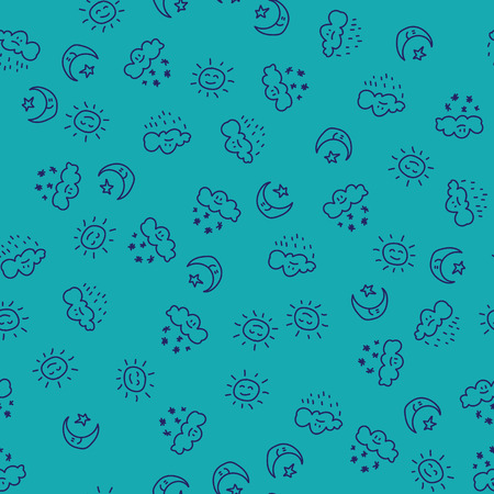 Weather pattern sun and moon with stars in sky, white clouds with rain drops and snowflakes on blue background. Meteorological concept.のイラスト素材