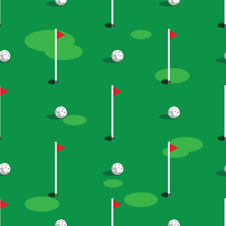 Golf course pattern background. Green grass and hole on golf field. Flags and balls on green golf course seamless pattern.のイラスト素材
