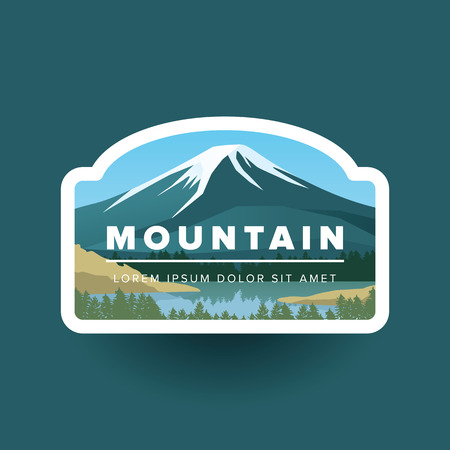 Mountain with snowy peak and river vector landscape in round. Vector illustration mountain valley, lake and green forest. Ideas for company style.のイラスト素材
