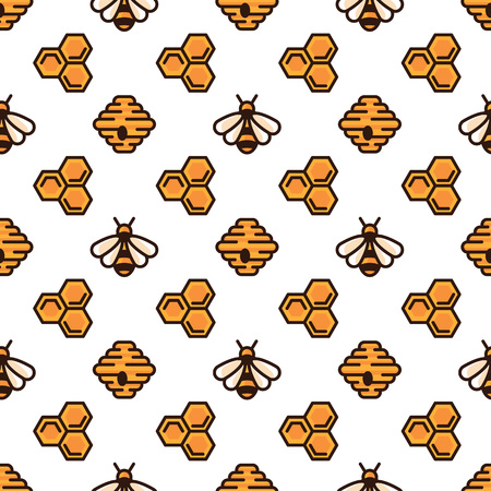 Yellow bee, bee hive and honeycomb on white pattern background. Seamless pattern honey bee and...